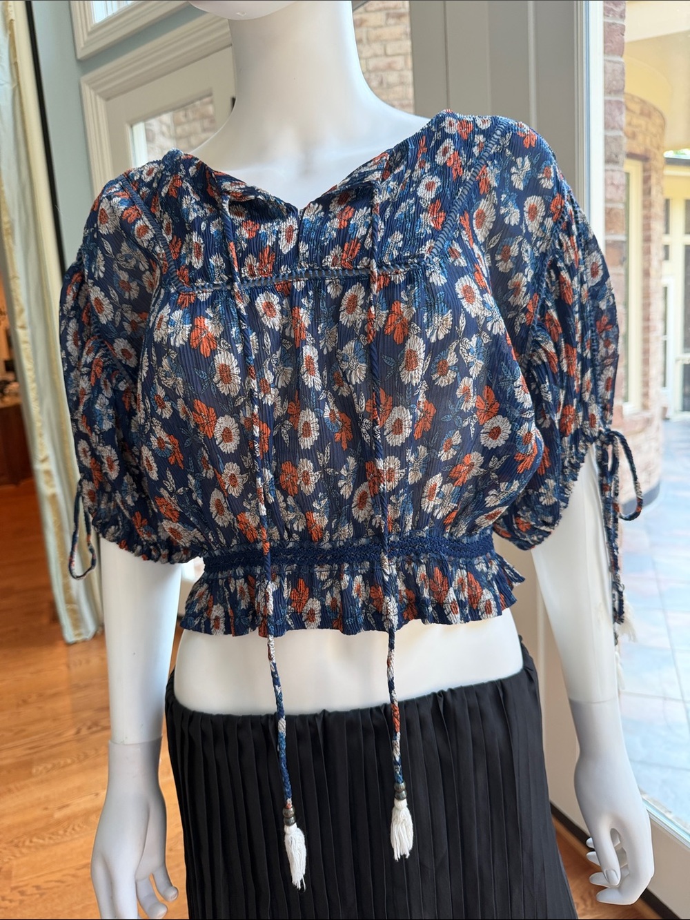 POL Navy Floral Smocked Peasant Blouse with Orange and White Flowers